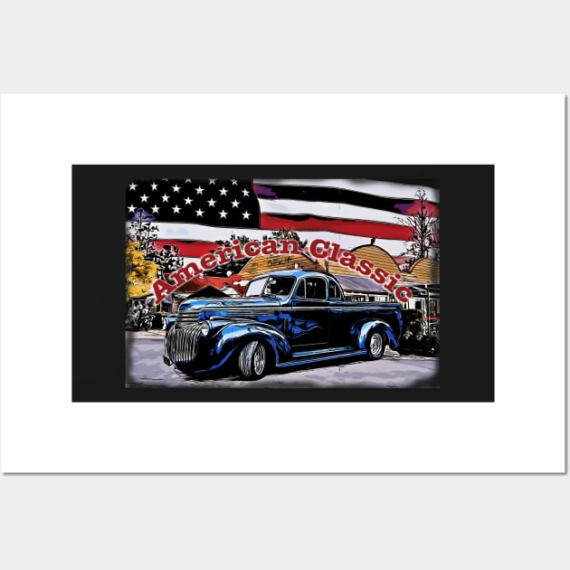 Classic Old American Truck Cartoon with American Flag Wall Art by Custom Autos